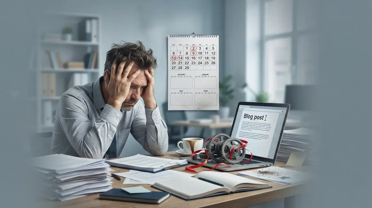 Właściciel firmy przytłoczony brakiem czasu na prowadzenie bloga – wizualizacja problemu braku systemu publikacji treści