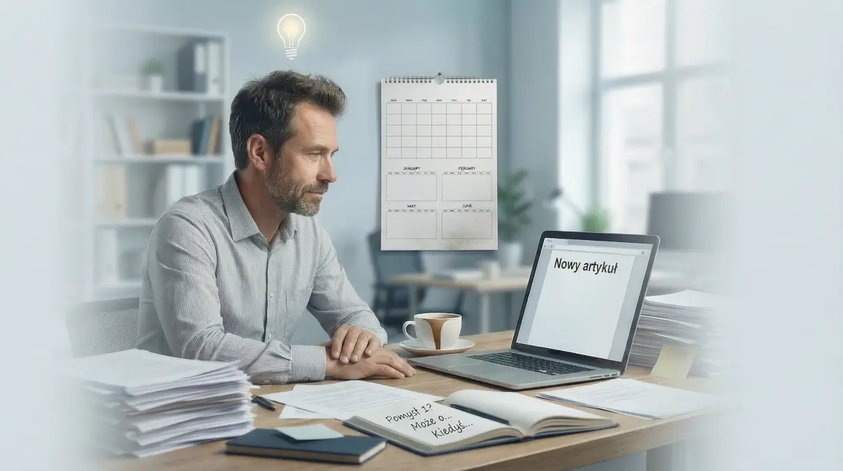 Właściciel firmy czekający na wenę twórczą przy pustym dokumencie artykułu – brak systemu publikacji treści