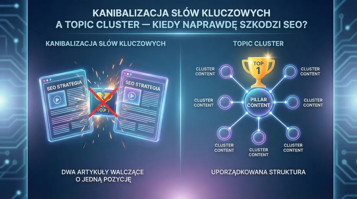 Wizualizacja kanibalizacji treści SEO - dwa artykuły walczące o jedną pozycję vs uporządkowana struktura Topic Cluster