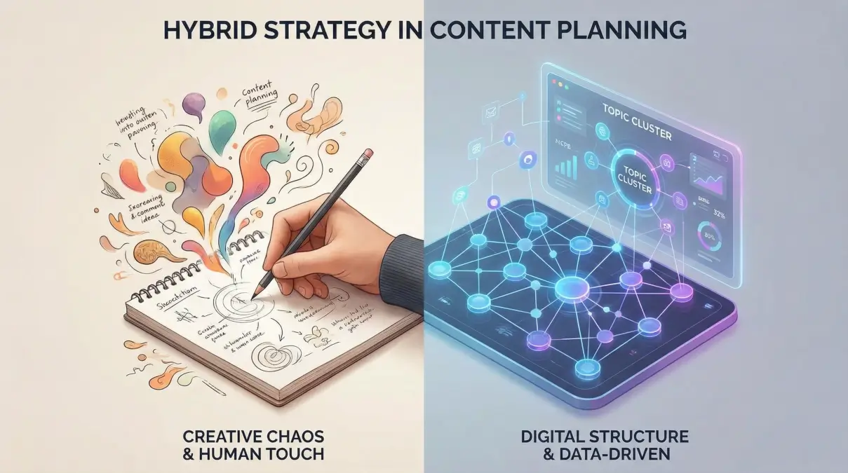Planowanie Topic Cluster – wizualizacja strategii hybrydowej łączącej ludzką kreatywność z analityką AI