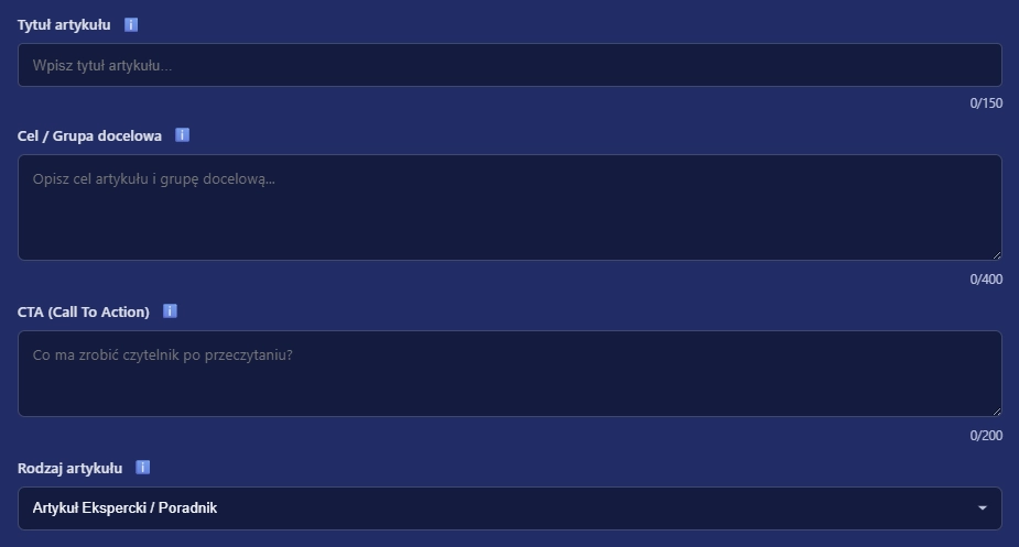 ReSkrypt formularz generowania artykułów AI - prosty brief z polami: tytuł, cel, grupa docelowa, CTA i rodzaj artykułu