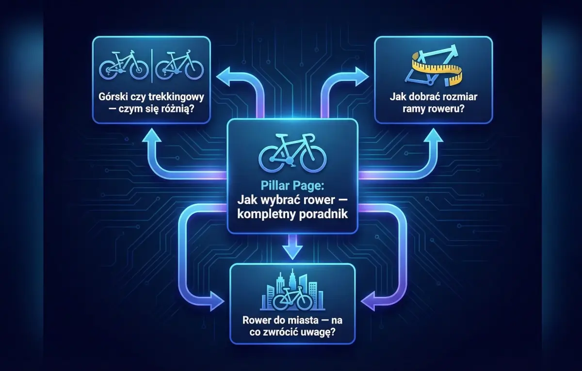 Przykład struktury Topic Cluster dla sklepu rowerowego - Pillar Page i artykuły wspierające