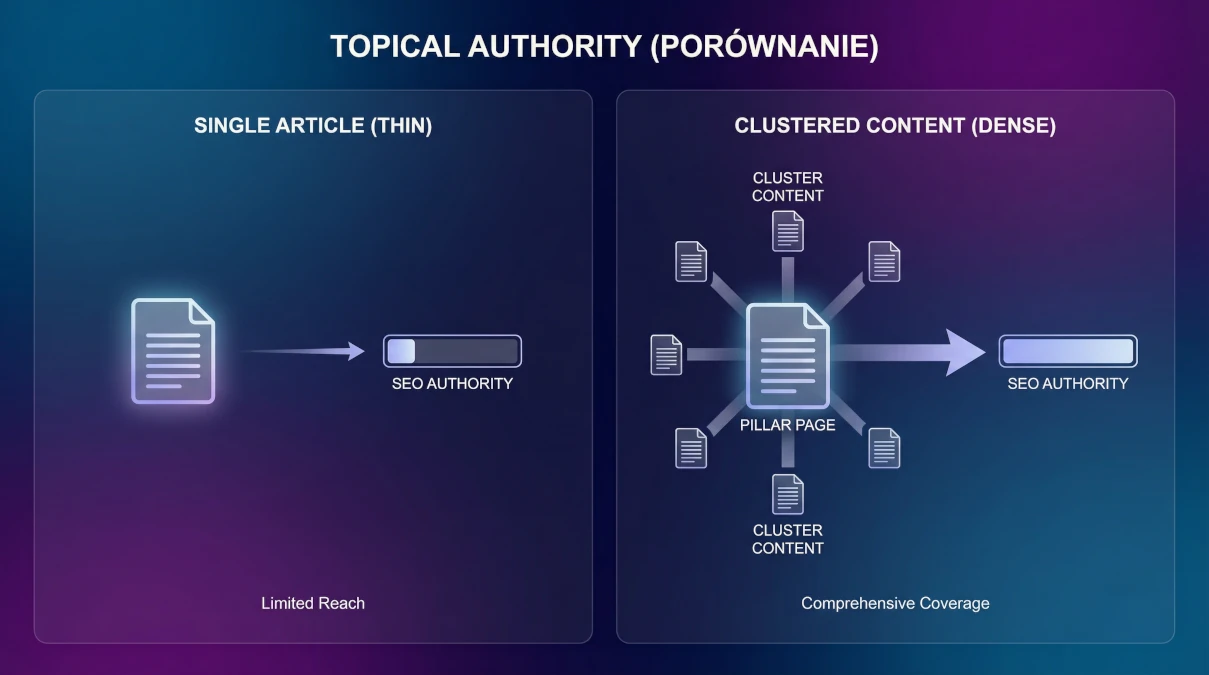 Porównanie pojedynczego artykułu vs Topic Cluster - różnica w budowaniu autorytetu SEO